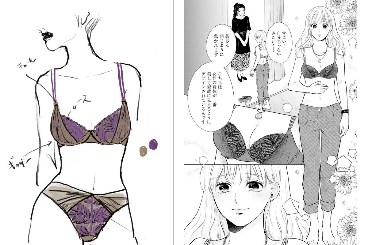 アルバージェ ランジェリー高崎さんによるランジェリーのデザイン画「フィエルテ（誇り）」と、作中の登場シーン